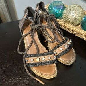 apepazzo Boho Cloth / Leather / Rhinestone Wedge Heels with Ankle Laces Size 39